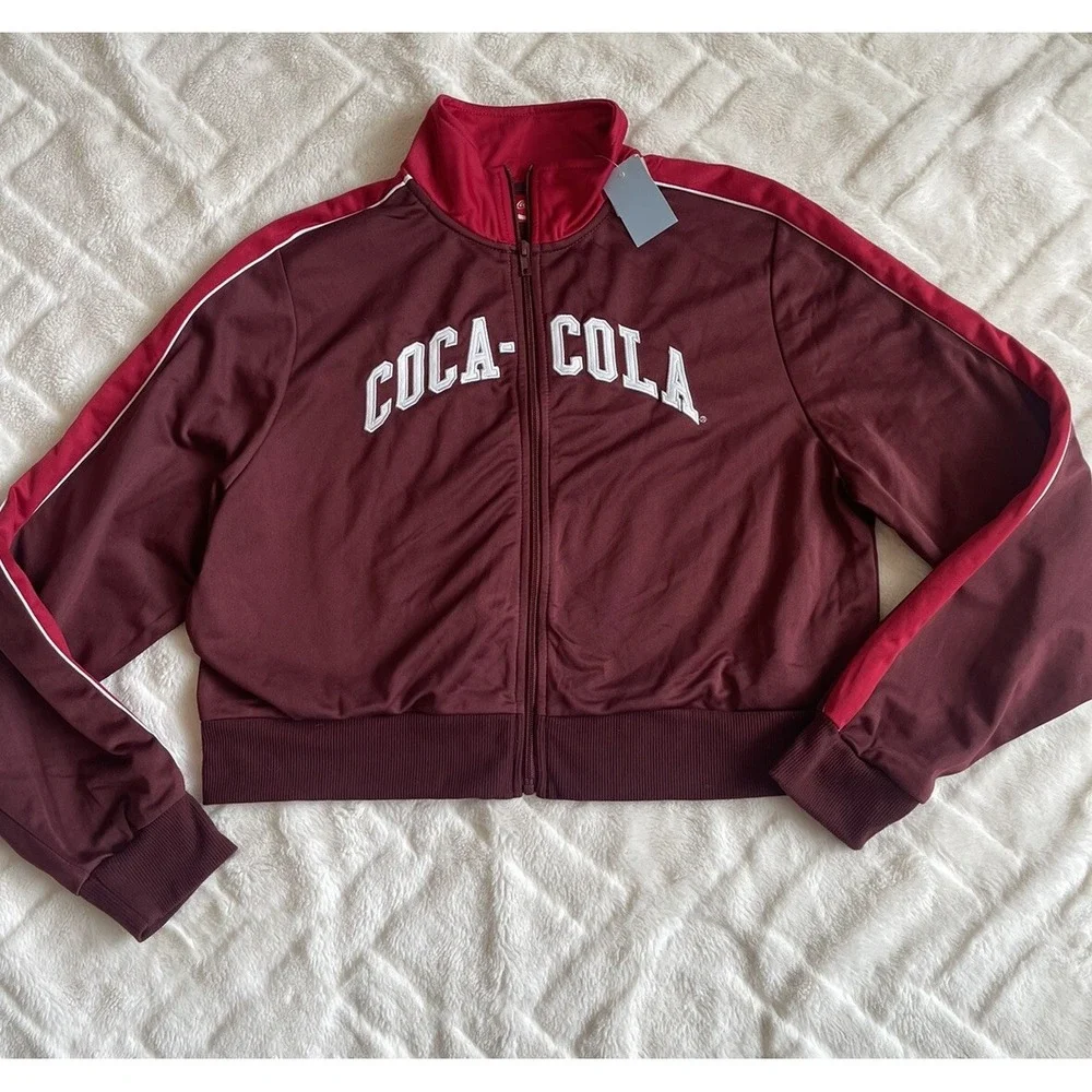 Coca-Cola Womens Graphic‎ Cropped Zip Up Jacket Red Size Large New